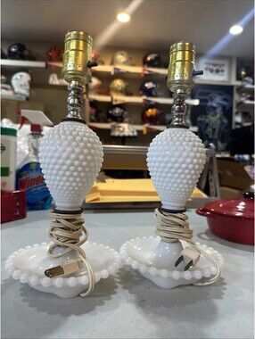 Vtg Pair of Fenton-style Hobnail Milk Glass Boudoir Lamps. [COPY]